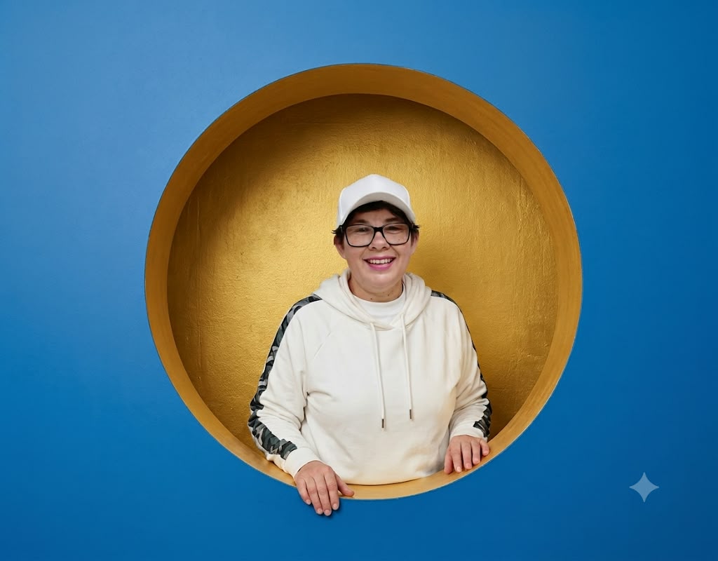 Sonia smiling, wearing glasses, a white cap and a cream hoodie, framed inside a gold circle